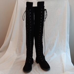Black Lace-Up Knee-High Boots